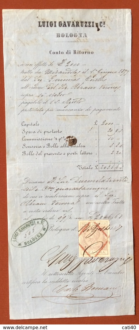 CONTO DI RITORNO DI UNA CAMBIALE  LUIGI GAVARUZZI BOLOGNA  DOCUMENTO DEL 1877 MARCA DA BOLLO E FIRME - Altri & Non Classificati