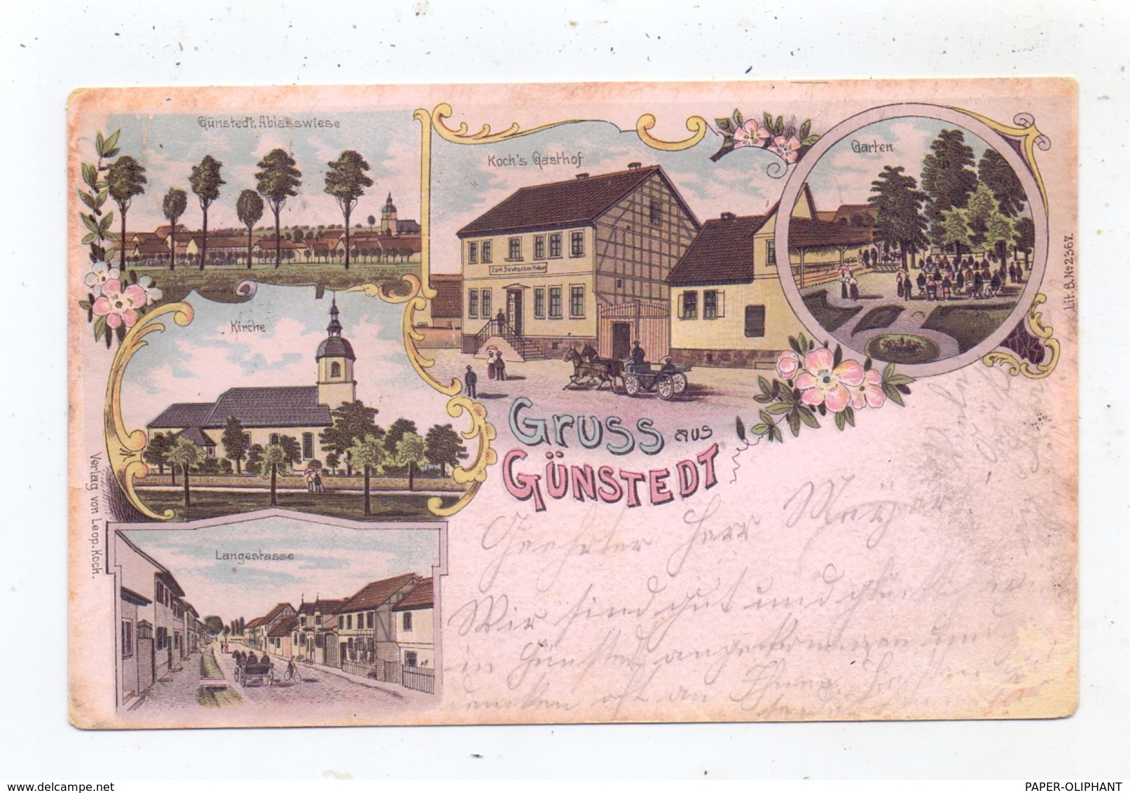 0-5231 GÜNSTEDT, Lithographie 1900, Koch's Gasthof Mit Garten, Ablasswiese, Langestrasse, Kirche - Sömmerda