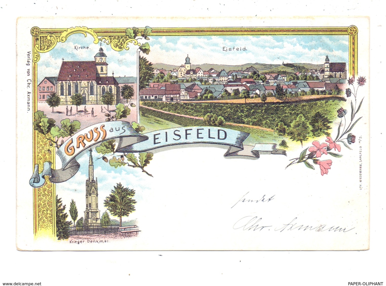 0-6120 EISFELD, Lithographie 1899, Kirche, Krieger-Denkmal, Gesamtansicht - Hildburghausen