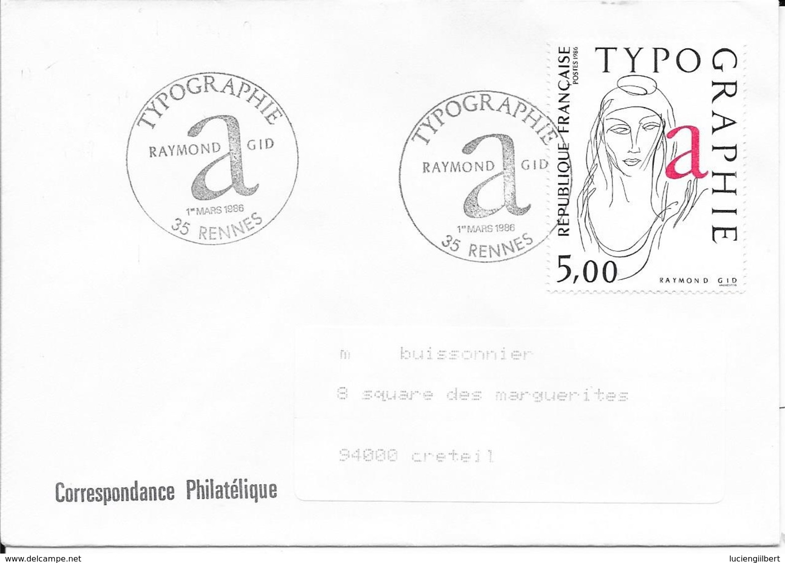 TIMBRE N° 2407 -  TABLEAU TYPOGRAPHIE R. AGID    -  CACHET VOIR DESCRIPTION - 1ER JOUR - 1986 - SEUL SUR LETTRE - Commemorative Postmarks