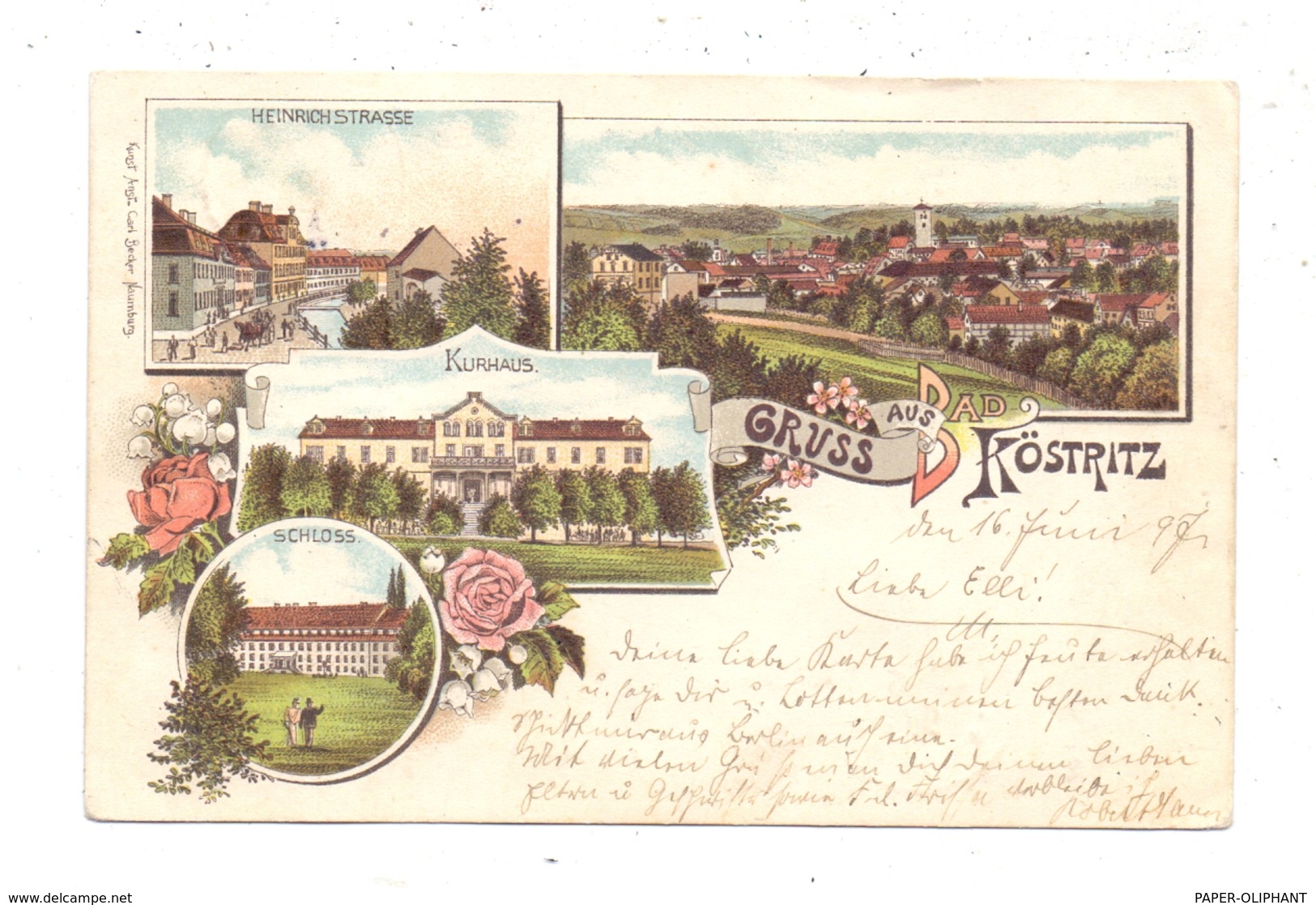 0-6514 BAD KÖSTRITZ, Lithographie 1897, Heinrichstrasse, Kurhaus, Schloss, Gesamtansicht - Bad Köstritz