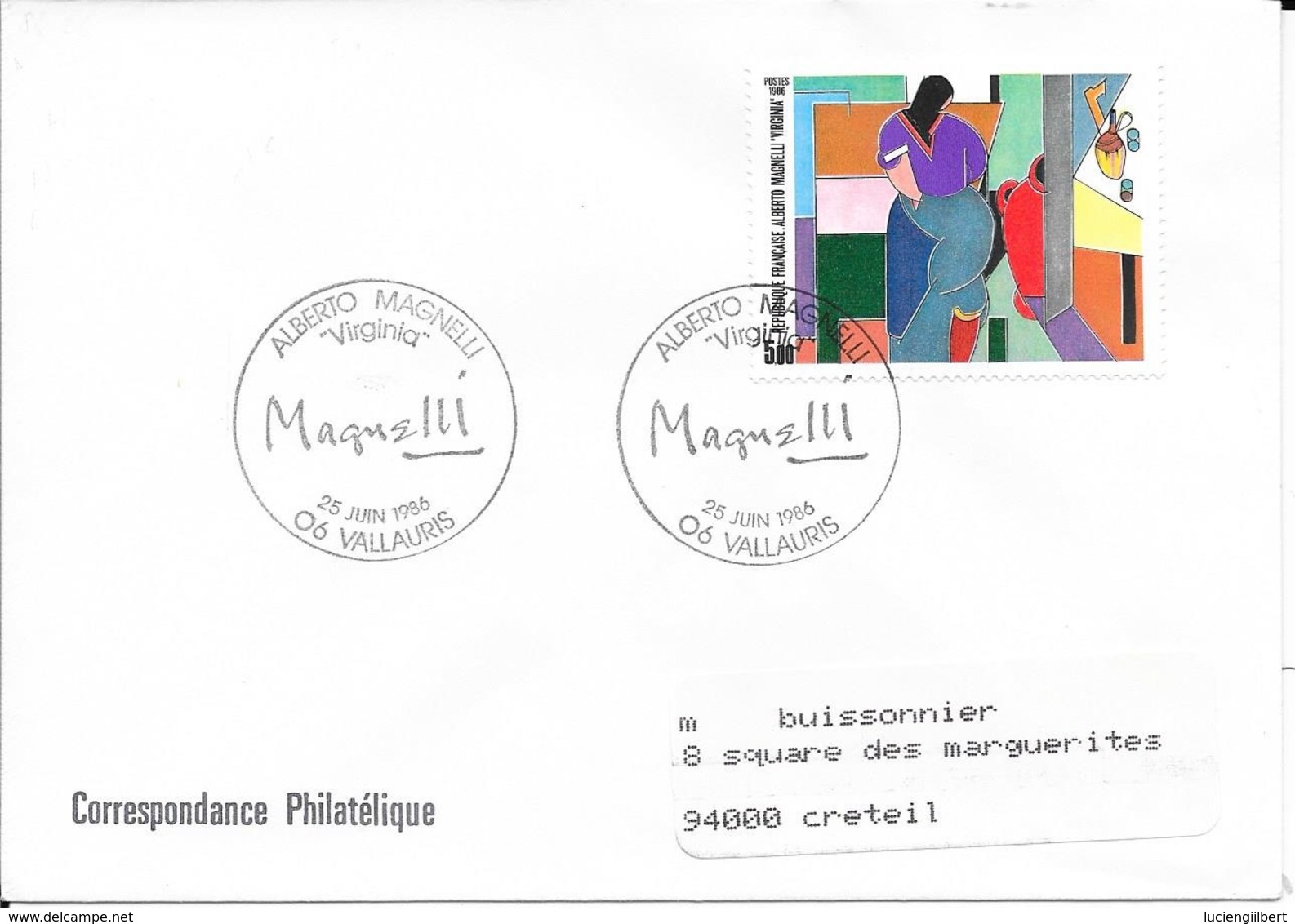 TIMBRE N° 2414 - TABLEAU  -  ALBERTO  MAGNELLI VIRGINIA  -  IER JOUR  - 1986 -  VALLAURIS 06 - SEUL SUR LETTRE - 1980-1989