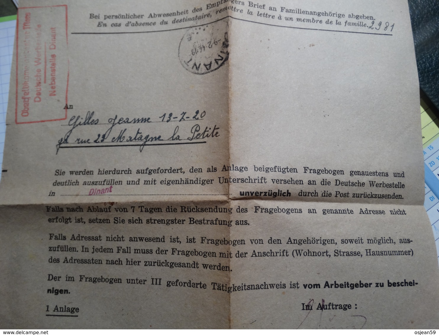Obl Dinant Le 09/02/44 Avec Tampon De L'occupant! - 1939-45