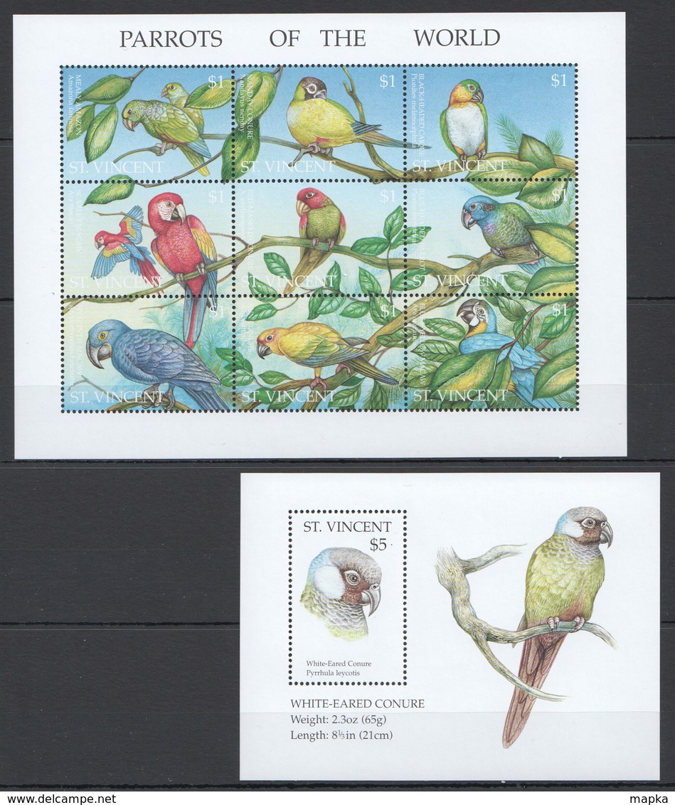 L687 ST.VINCENT BIRDS PARROTS OF THE WORLD #3053-62 MICHEL 18,5 EURO 1KB+1BL MNH - Papagayos