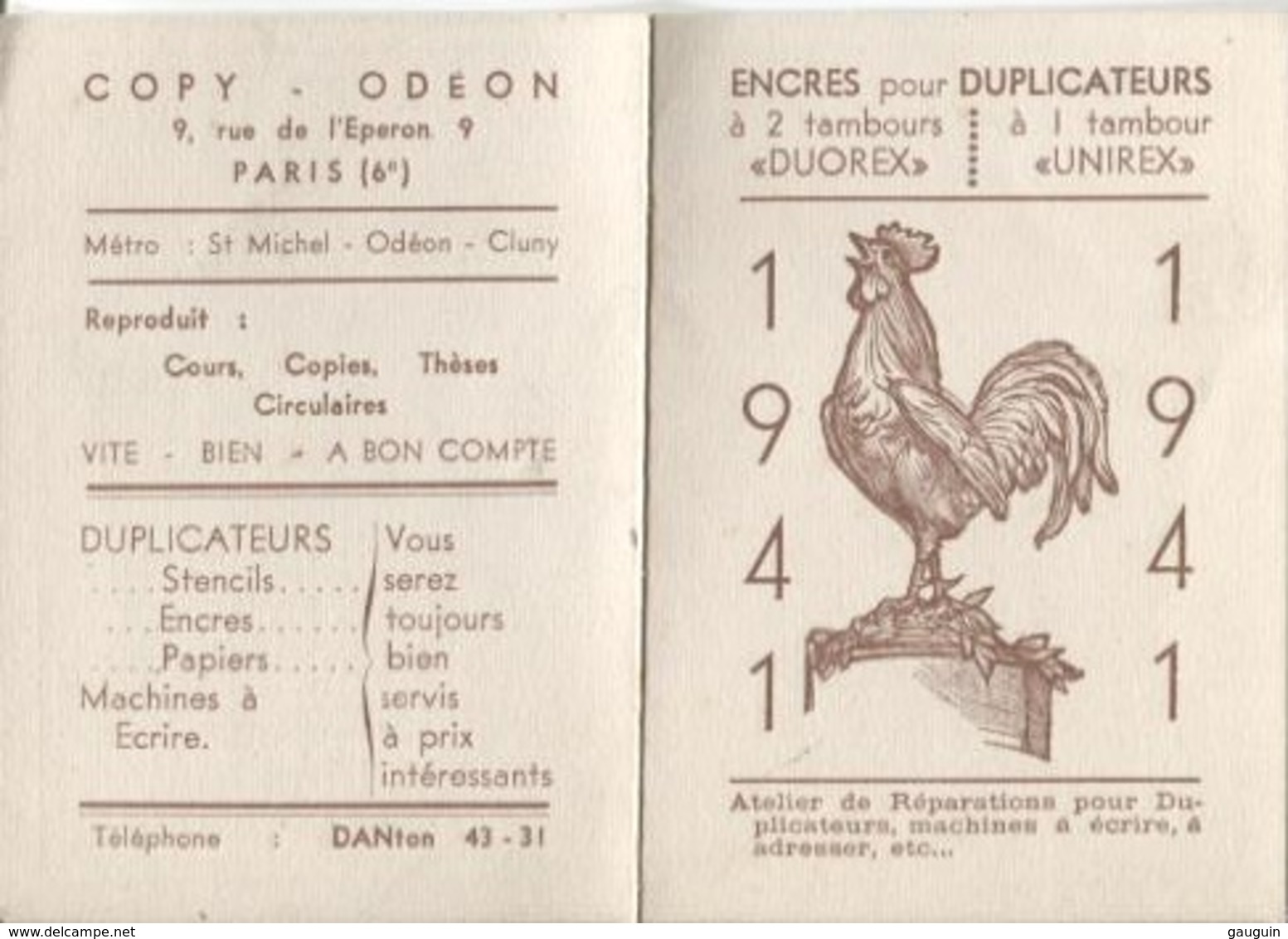 CALENDRIER De POCHE - ANNEE 1941 - Publicité ENCRES "DUOREX" - COPY ODEON / PARIS - Small : 1941-60