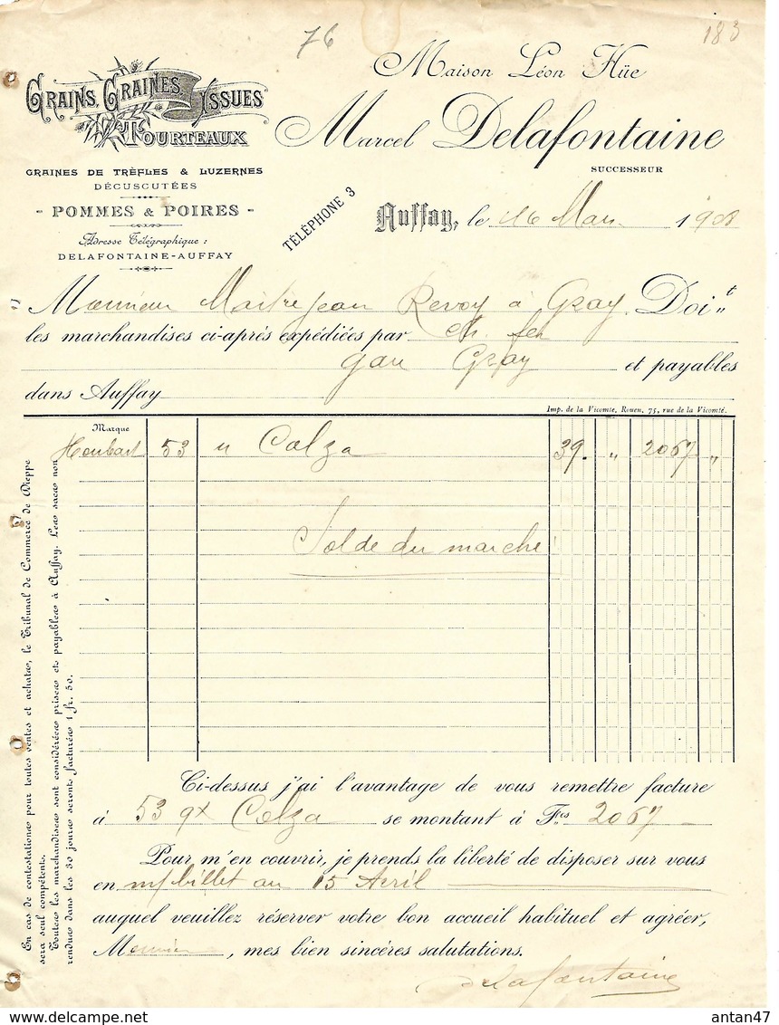 Facture 1908 / 76 AUFFAY / M. DELAFONTAINE / Grains, Graines, Tourteaux, Poires, Pommes - 1900 – 1949