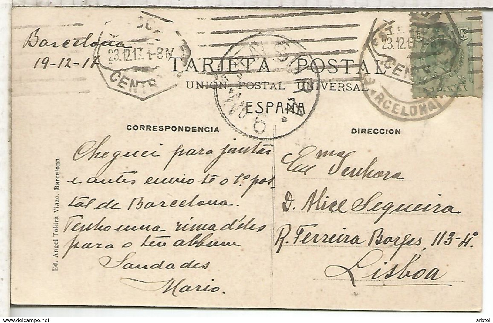 BARCELONA 1917 TP A LISBOA SELLO ALFONSO XIII CON CENSURA PORTUGAL - Cartas & Documentos