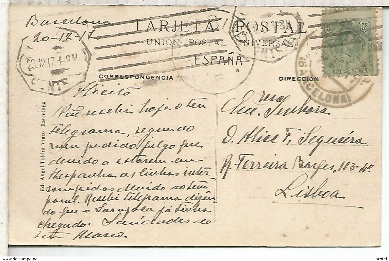 BARCELONA 1917 TP A LISBOA SELLO ALFONSO XIII CON CENSURA PORTUGAL - Cartas & Documentos