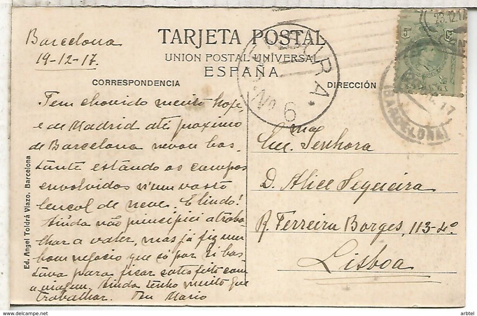 BARCELONA 1917 TP A LISBOA SELLO ALFONSO XIII CON CENSURA PORTUGAL - Cartas & Documentos