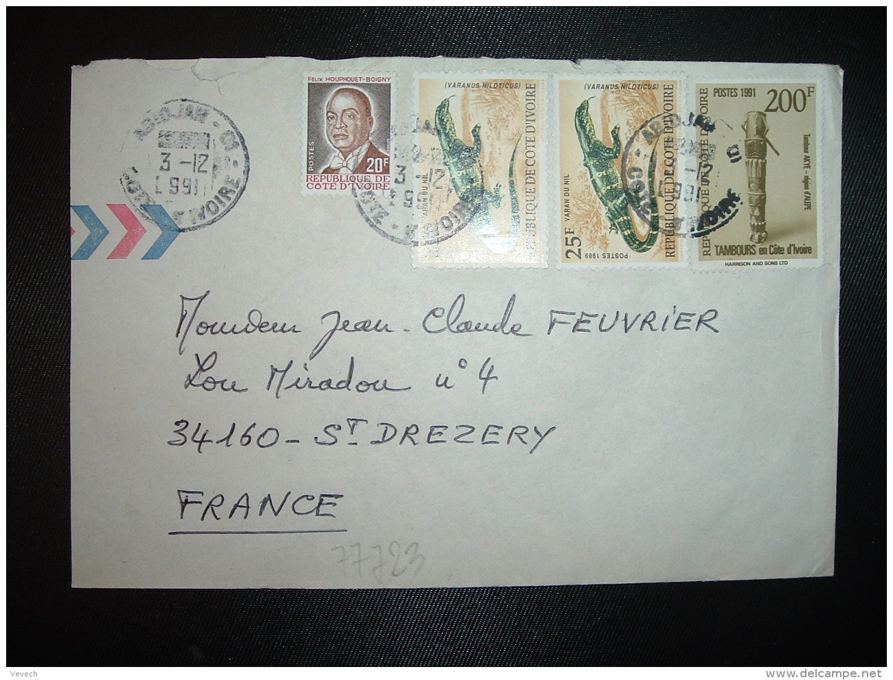 LETTRE TP TAMBOURS 200F + TP VARAN DU NIL 25F X2 + TP 20F OBL.3-12 1991 ABIDJAN 01 - Ivory Coast (1960-...)