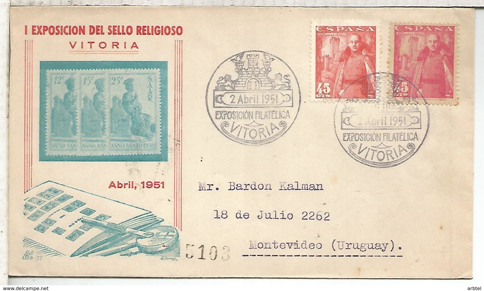 VITORIA 1951 EXPOSICION FILATELICA MAT ESPECIAL SOBRE DOS SELLOS 45 CTS DIFERENTE COLOR - Cartas & Documentos