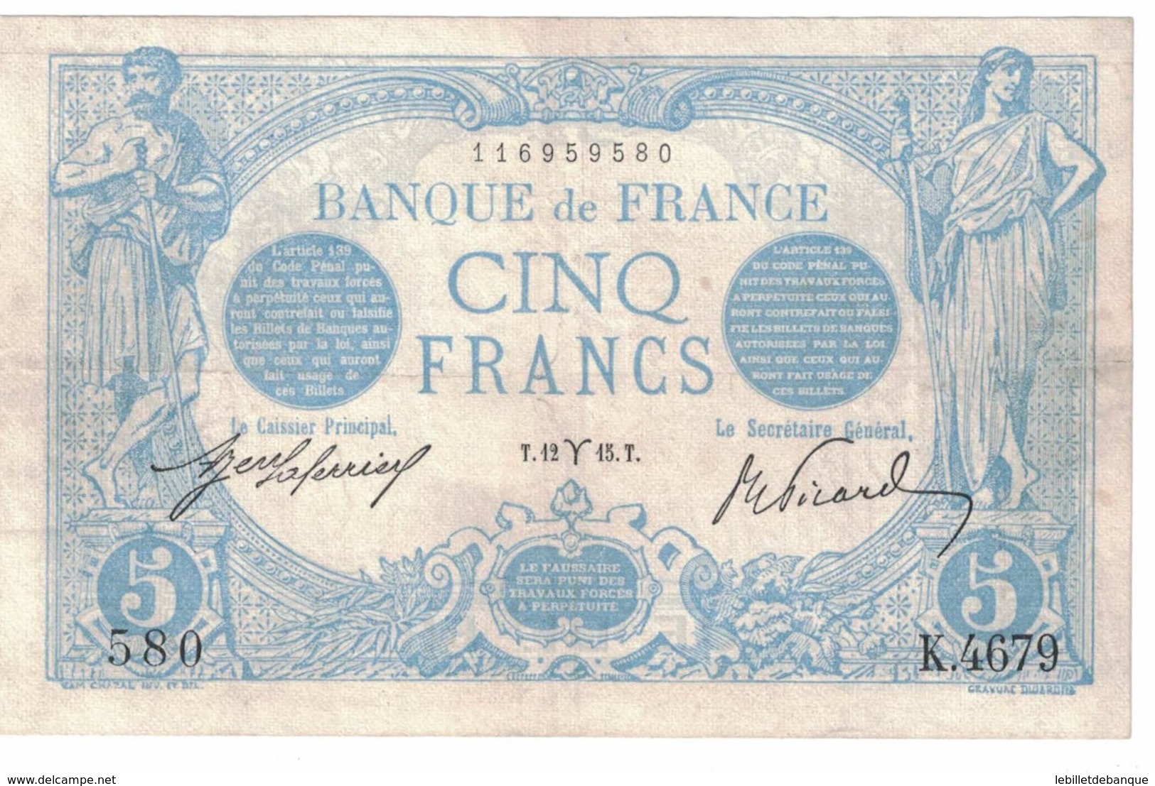 5 Francs Bleu 12/03/1915 TTB - 5 F 1912-1917 ''Bleu''