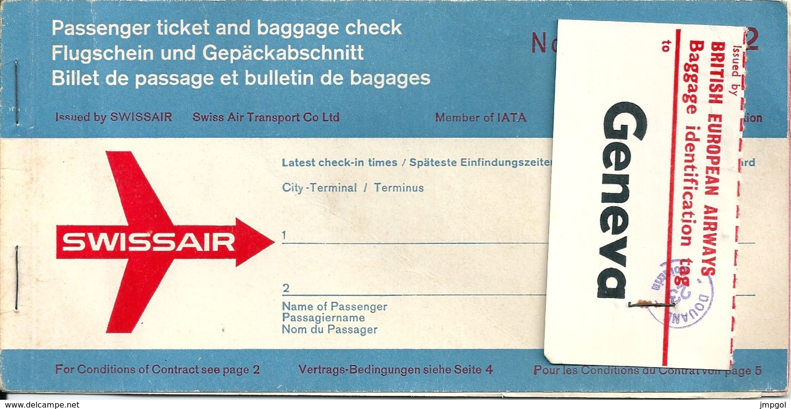 Billet SWISSAIR Genève Londres Gatwick Genève Geneva London Gatwick Geneva 1966 - Europa