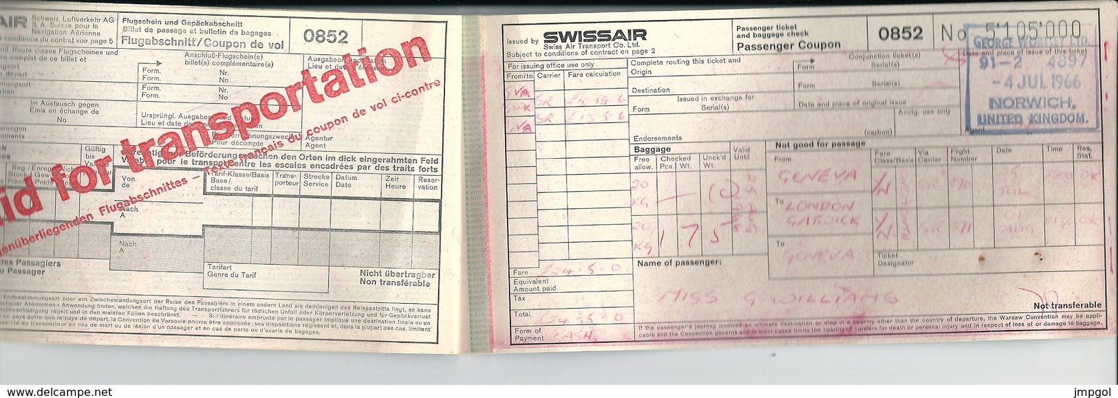 Billet SWISSAIR Genève Londres Gatwick Genève Geneva London Gatwick Geneva 1966 - Europe