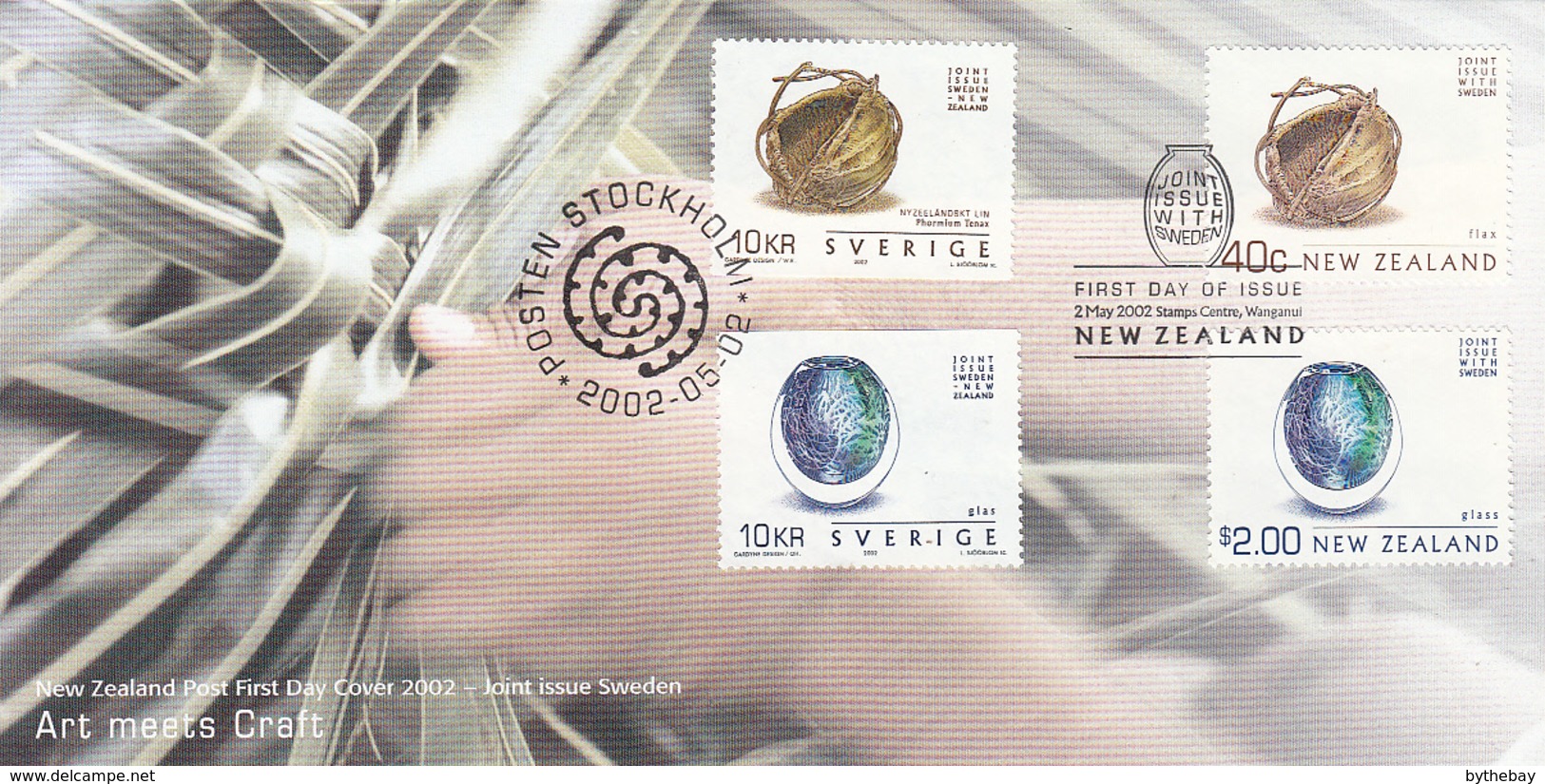 New Zealand 2002 FDC Scott #1780, #1786 Sweden #2440a, B Art From Flax, Glass Joint Issue - FDC