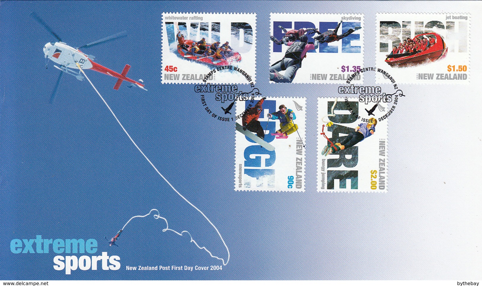 New Zealand 2004 FDC Scott #1986-#1990 Extreme Sports Whitewater Rafting, Bungy, Snowsports, Jetboat, Skydiving - FDC