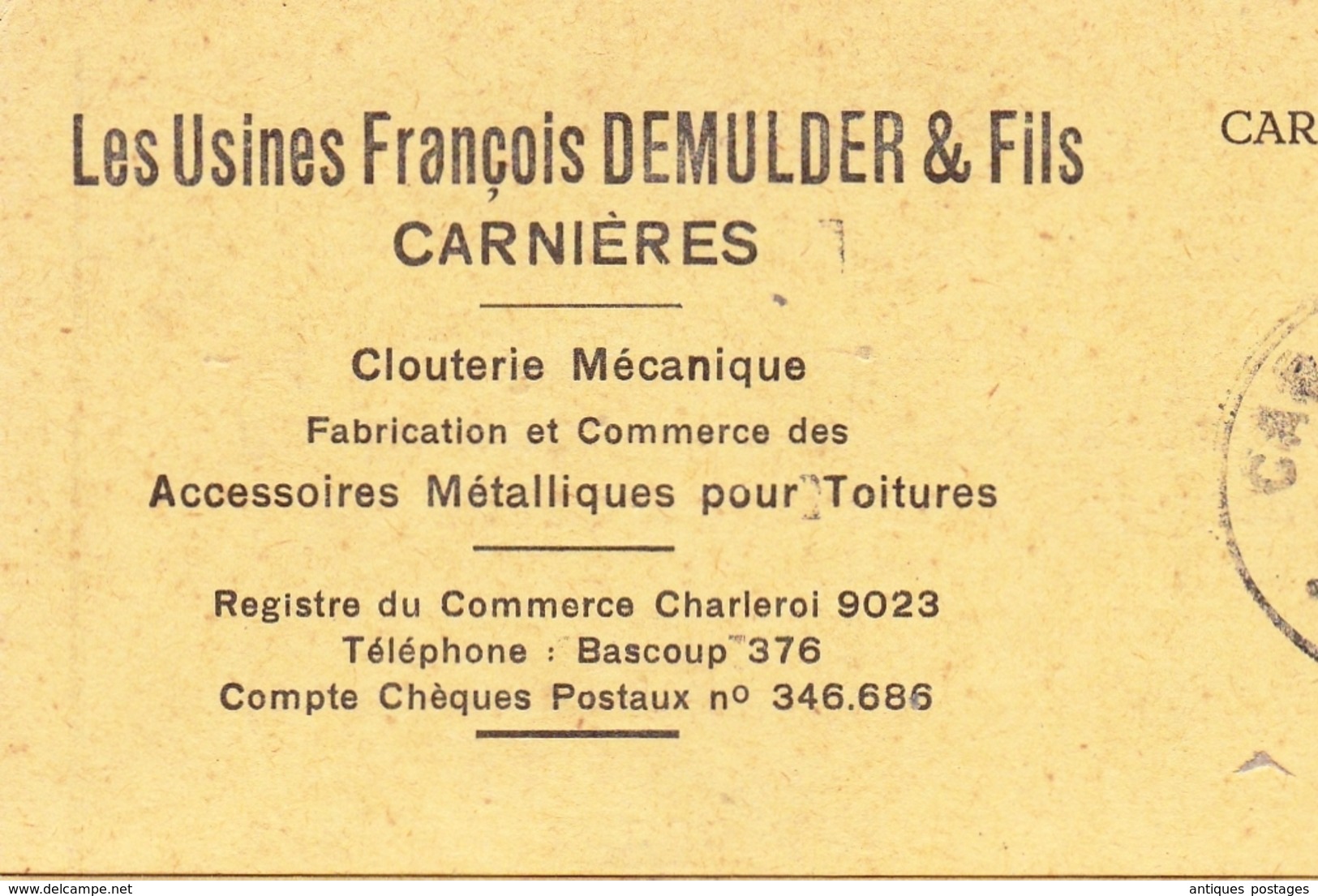Lettre Carnières 1942 Belgique Clouterie Mécanique Les Usines François Demulder & Fils - Covers & Documents
