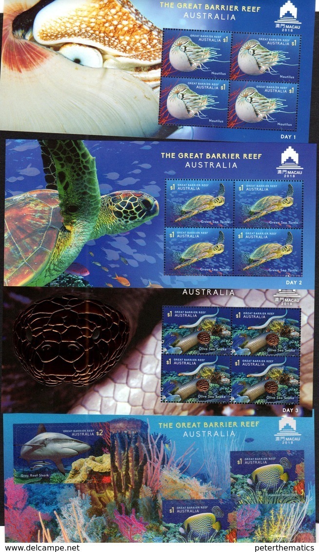 AUSTRALIA, 2018, MNH,MACAU STAMP SHOW, TURTLES, SNAKES, NAUTILUS, SHARKS, SEA SNAKES, 4 SPECIAL SHEETS, SOLD OUT - Turtles