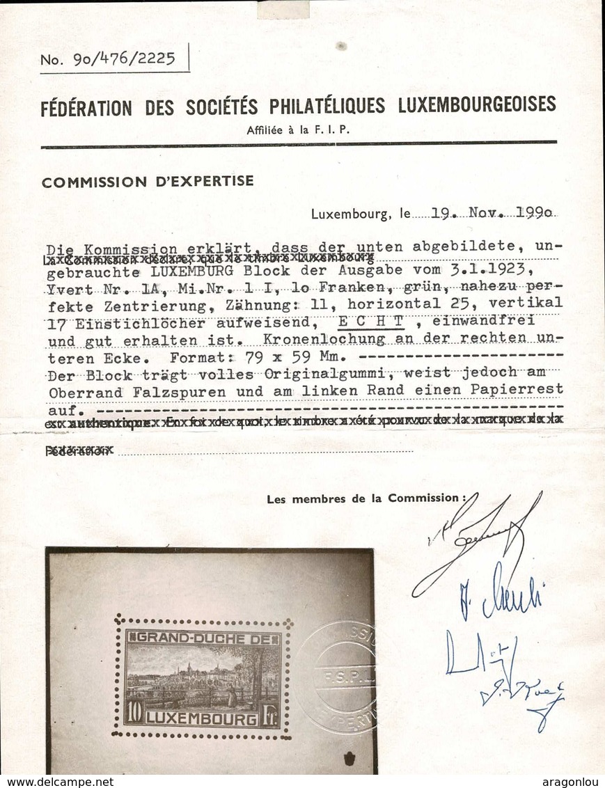 1923 Bloc-Feuillet Michel:BF2 Neuf, Naissance De La Princesse Elisabeth, Certificat FSPL: Val.Cat. 2.000€ (3scans) - Blocs & Feuillets