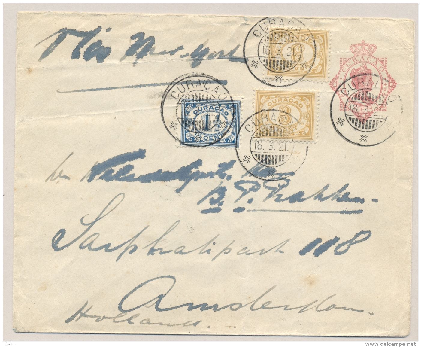 Curacao - 1921 - 5 Cent Wilhelmina, Envelop G12 + 3 Zegels Van KB CURACAO Naar Amsterdam - Curaçao, Nederlandse Antillen, Aruba