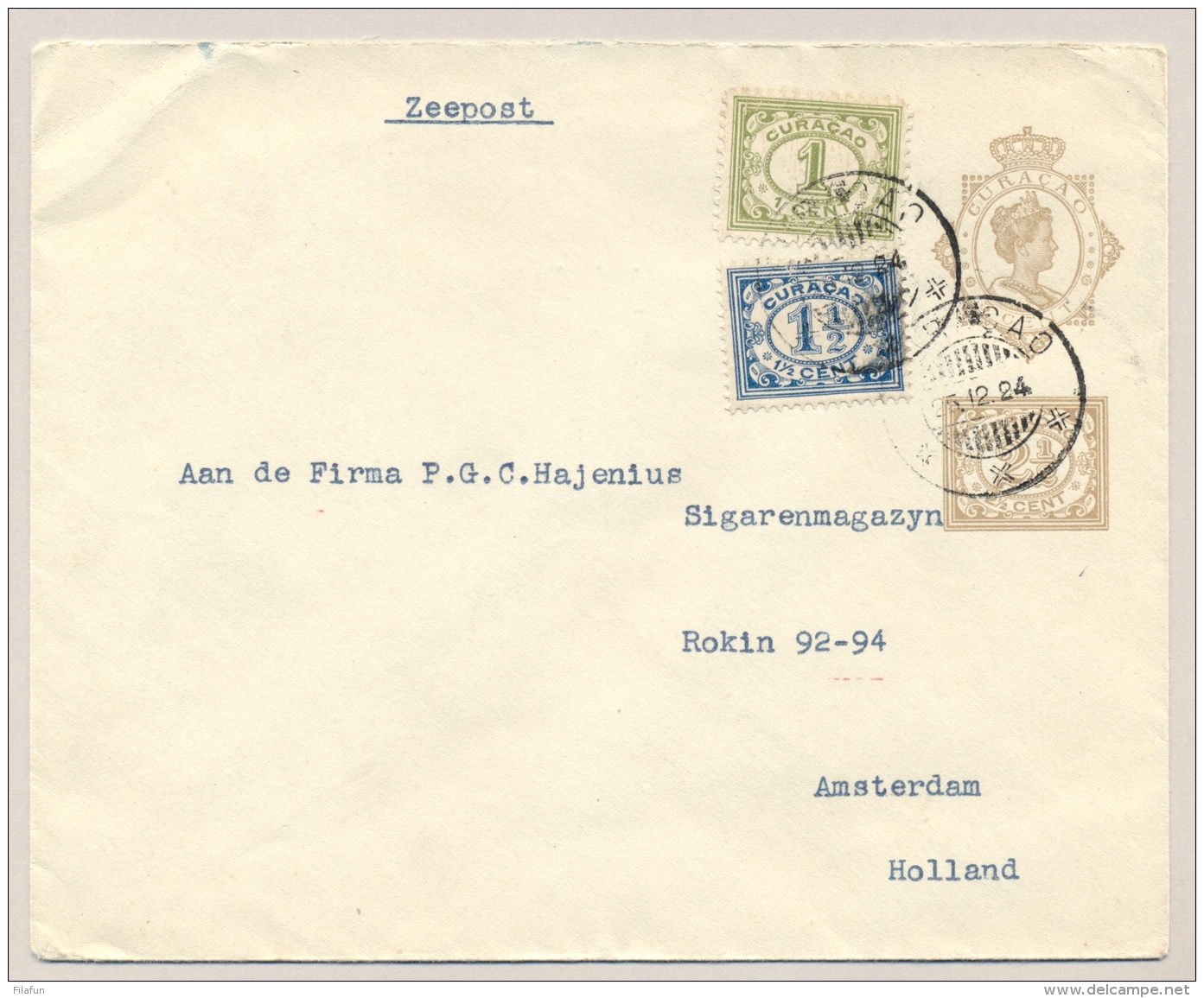 Curacao - 1924 - 5 + 2,5 Cent Wilhelmina En Cijfer, Envelop G14 + 2 Zegels Van KB CURACAO Naar Amsterdam - Curaçao, Nederlandse Antillen, Aruba