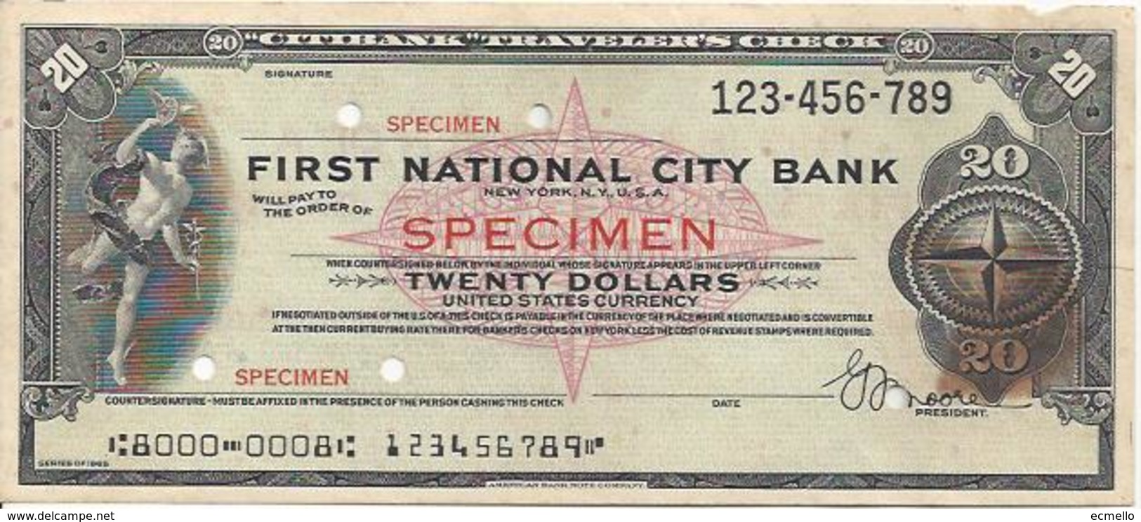 UNITED STATES CHECK TRAVELLERS  CHEQUE CITICORP 20 DOLLARS SPECIMEN RED - Assegni & Assegni Di Viaggio