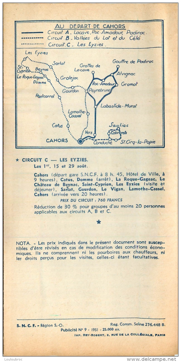 DEPLIANT TOURISTIQUE 1951  SNCF  S.N.C.F. AUTOCARS DE TOURISME  BRIVE TULLE TOULOUSE CAHORS CIRCUITS D'EXCURSIONS - Dépliants Touristiques