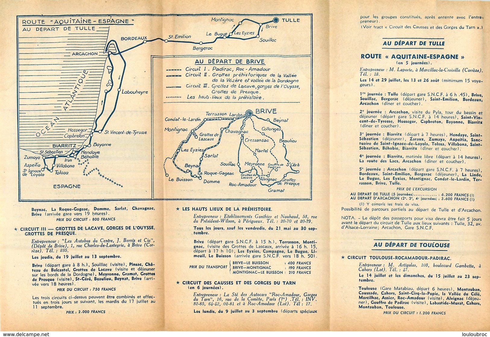 DEPLIANT TOURISTIQUE 1951  SNCF  S.N.C.F. AUTOCARS DE TOURISME  BRIVE TULLE TOULOUSE CAHORS CIRCUITS D'EXCURSIONS - Dépliants Touristiques