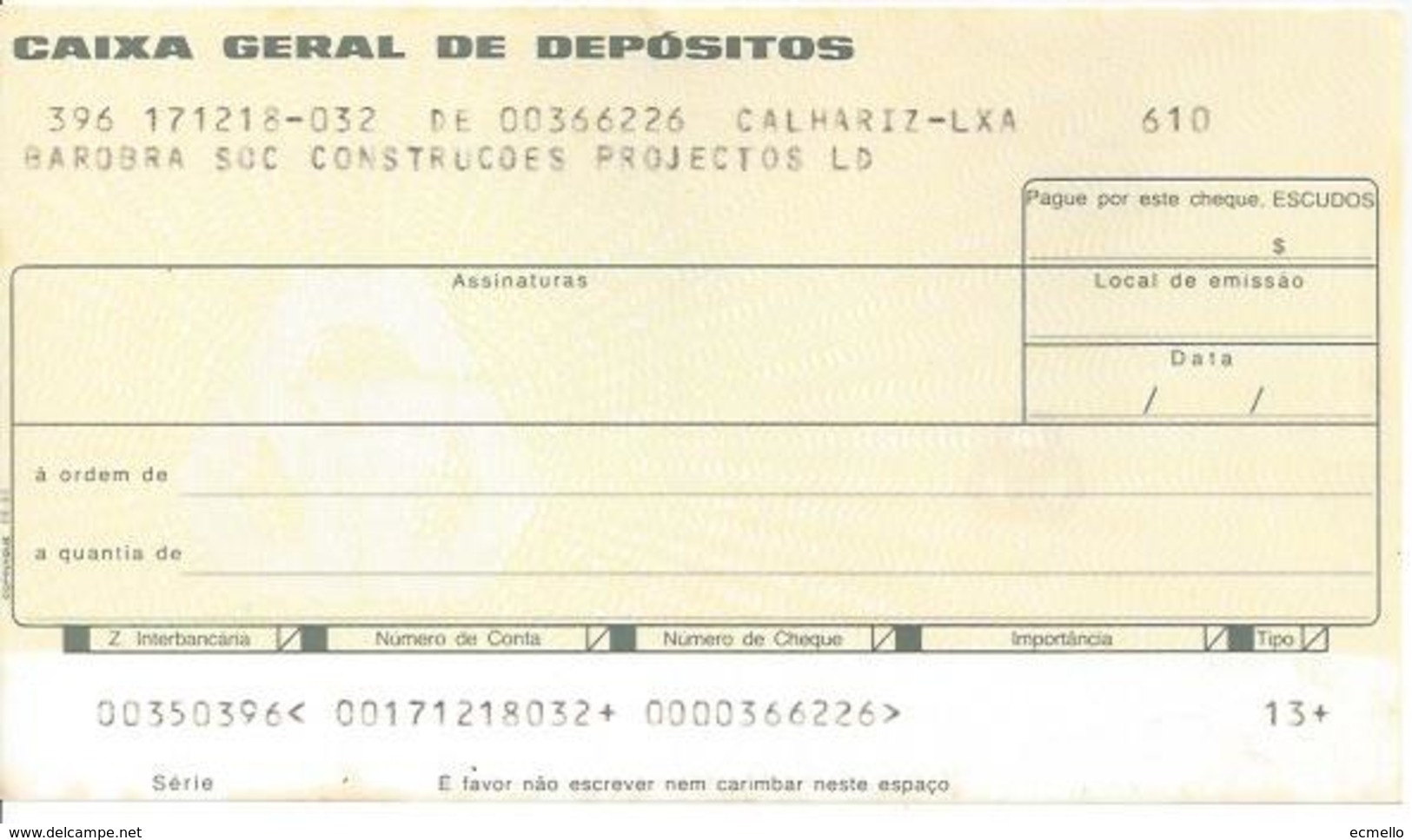 PORTUGAL CHECK CHEQUE CAIXA GERAL DE DEPÓSITOS 1980'S CALHARIZ - Cheques & Traveler's Cheques