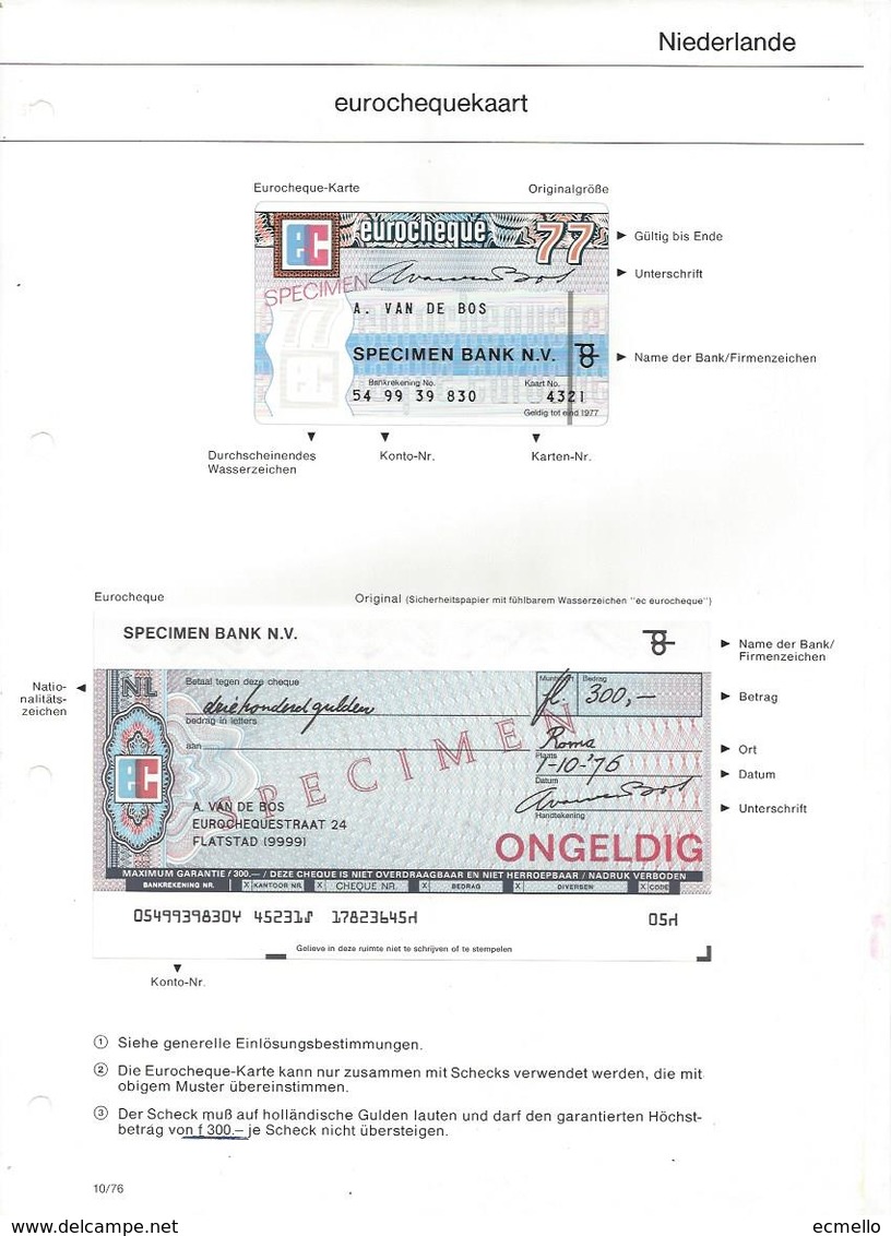 NETHERLANDS CHECK CHEQUE EUROCHEQUE  SPECIMEN 1976 SCARCE!! - Assegni & Assegni Di Viaggio