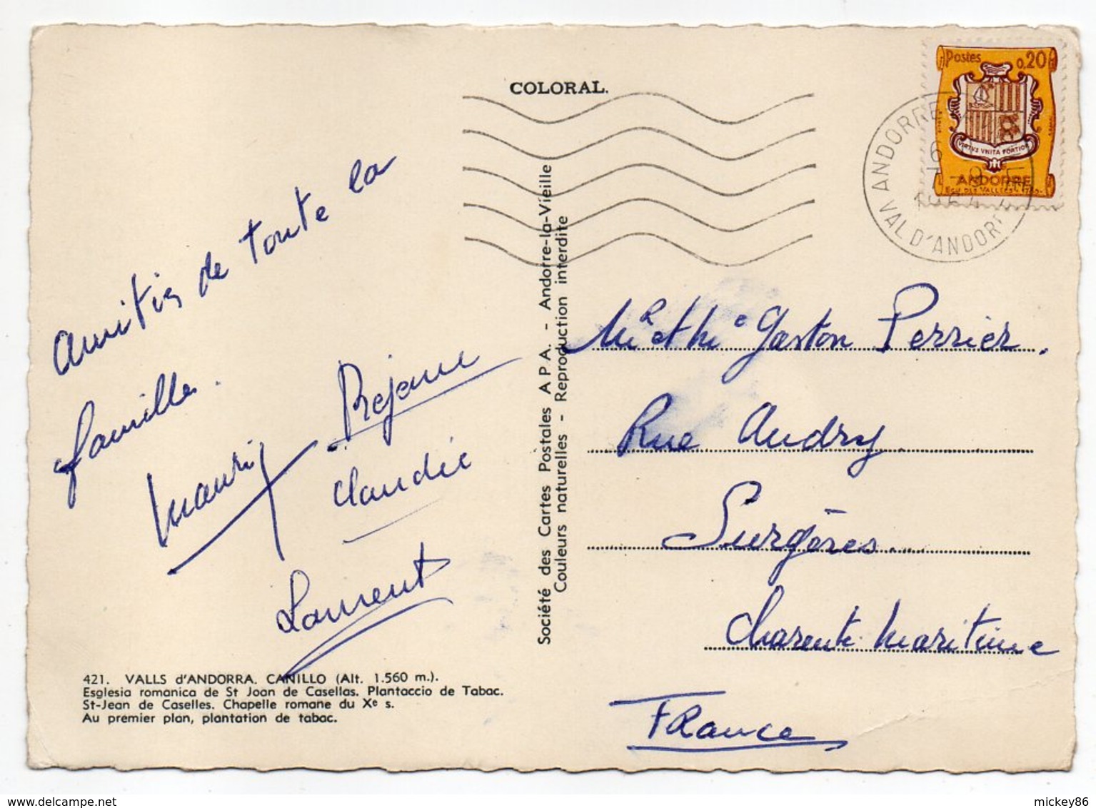 Andorre --CANILLO--1964-- Eglise  St Joan De Casellas-Plantations De Tabac --cachet -- Timbre -- - Andorra