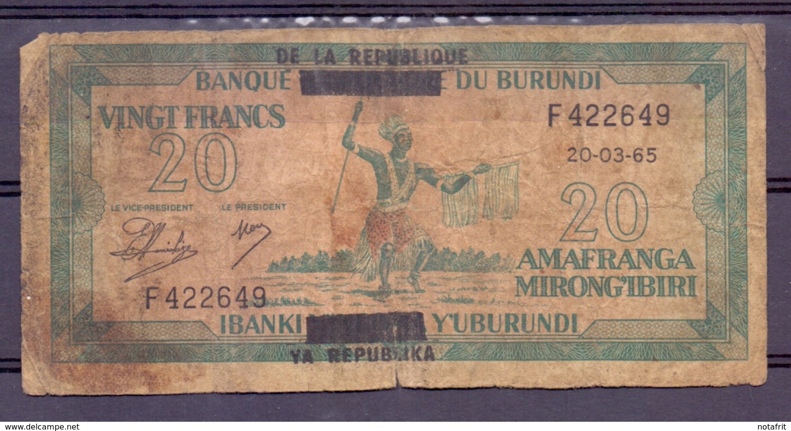 Burundi  20 Fr 1965 Overprint  Rare And Poor - Burundi