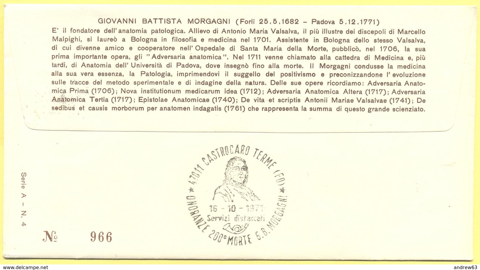 ITALIA - 1971 - 200° Anniversario Dalla Morte Di Giovanni Battista Morgagni - Terzo Congresso Società Europea Patologia - Medicina