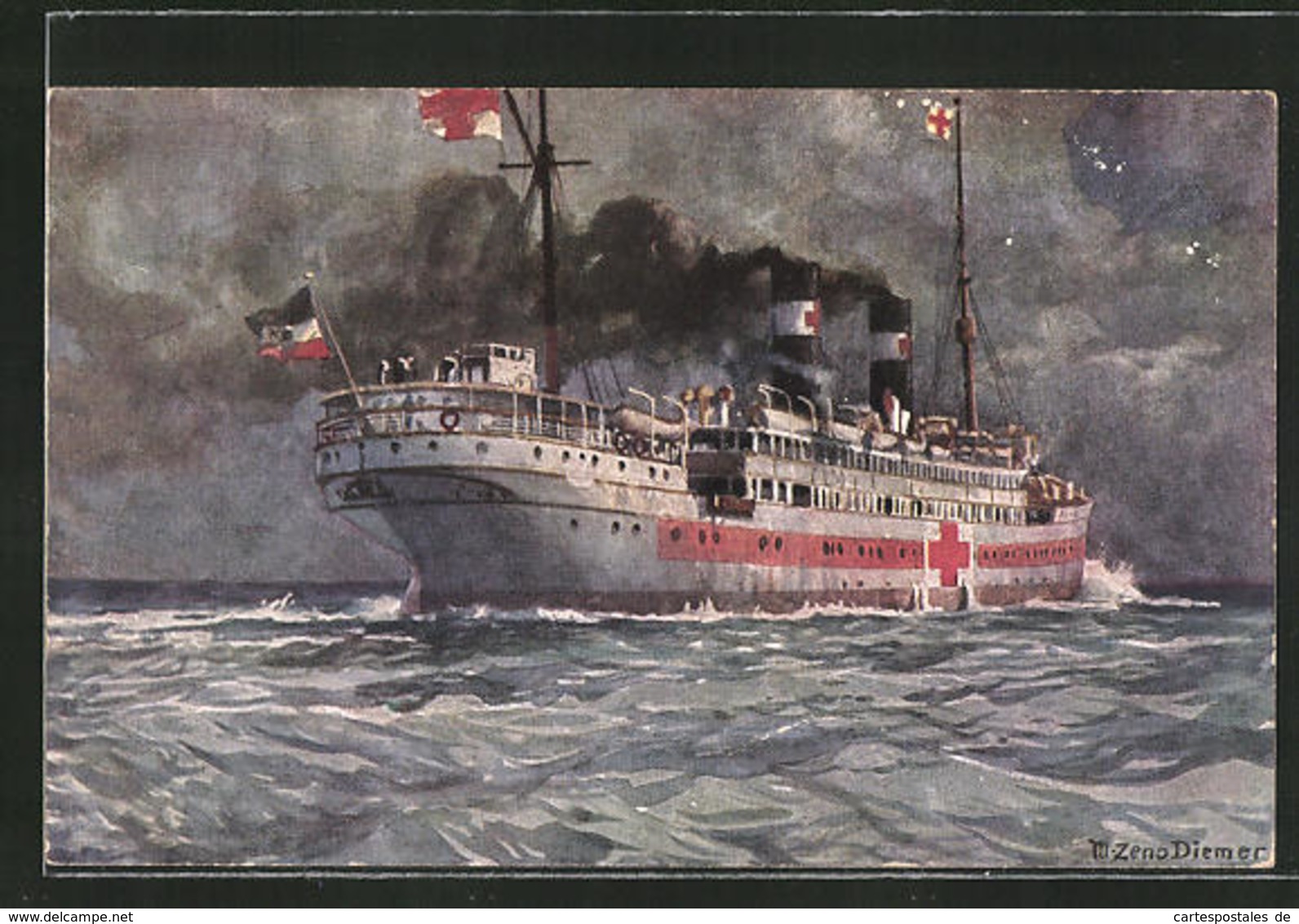 Künstler-AK Zeno Diemer: Lazarettschiff Auf Der See, Rotes Kreuz - Rotes Kreuz