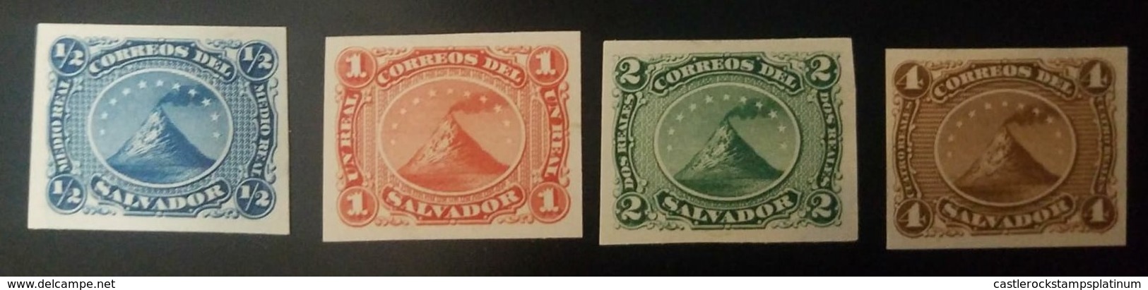 O) 1867 EL SALVADOR, PROOF  -CARDBOARD, VOLCANO SAN MIGUEL SCOTT 1 1/2r Blue -SCT 2 1r Red- SCT 3 2r Green- Sct 4 4r Bis - El Salvador