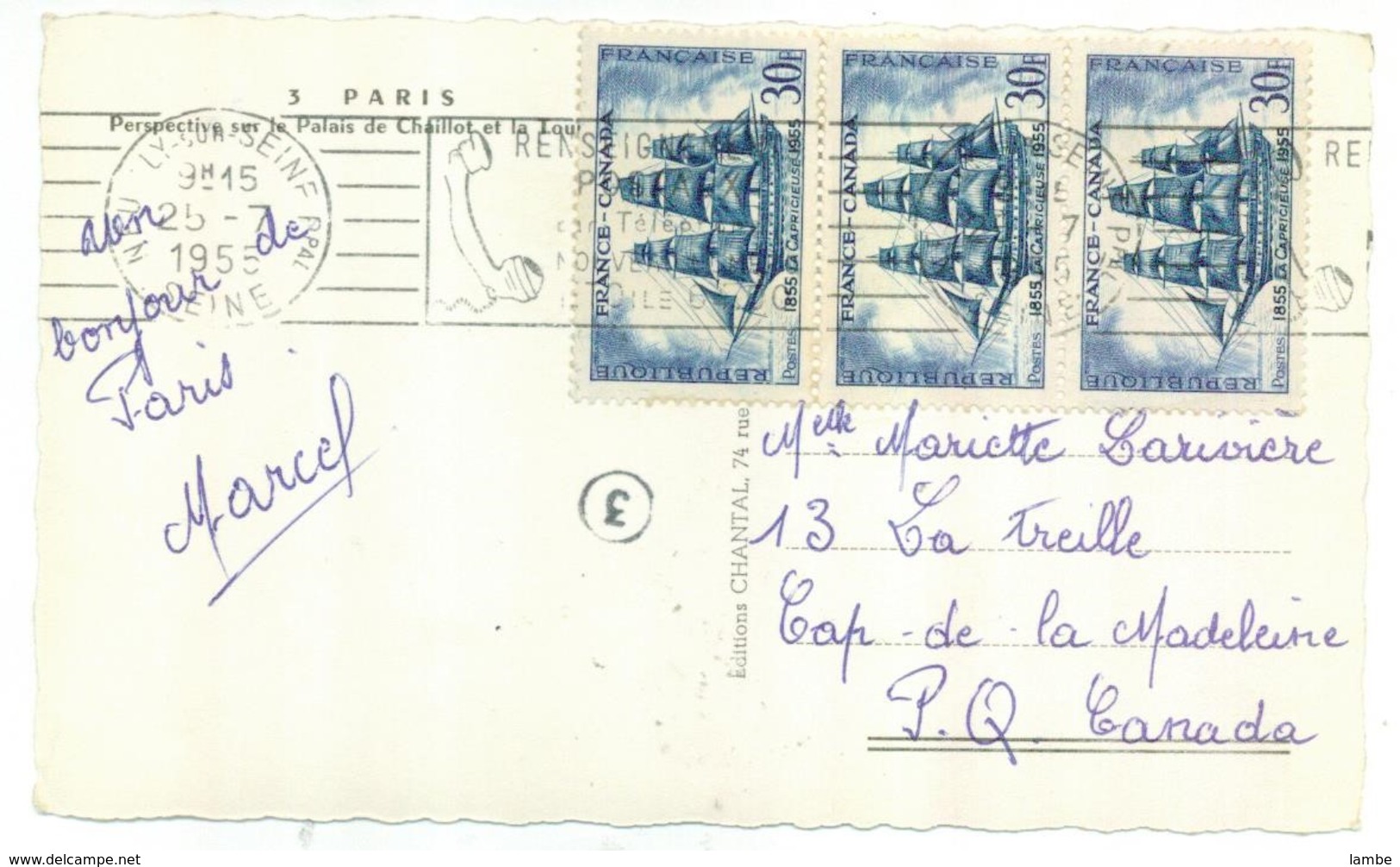 3 Fois 30 Francs -  25/07/1955 Vers Le CANADA Sur Carte Postale - 1921-1960: Période Moderne