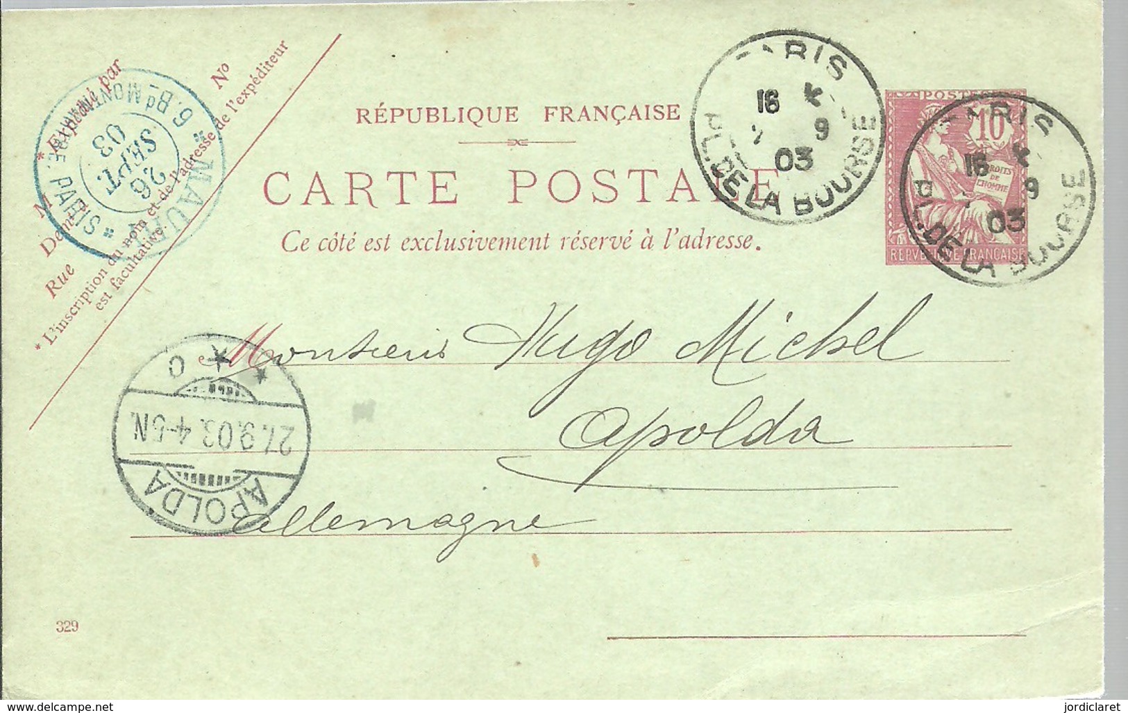 CARTE POSTALE 1903  PARIS A APOLDA - Listos A Ser Enviados : Réplicas Privadas