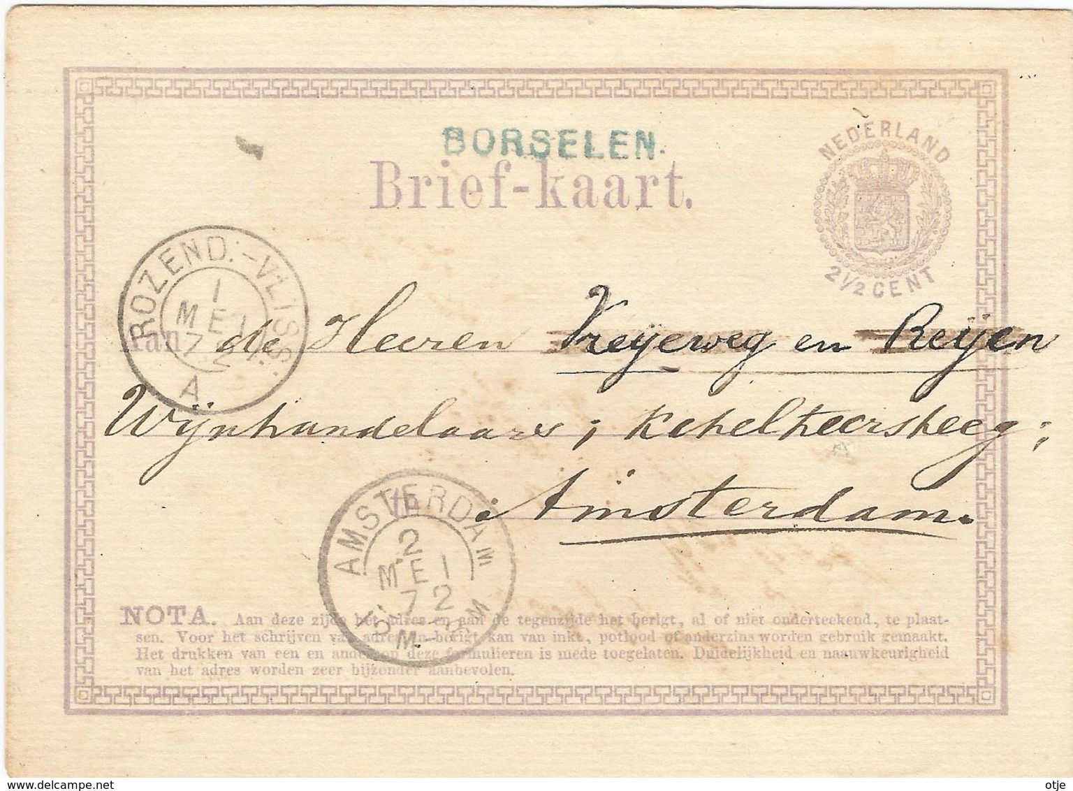 TREIN KLEINRONDSTEMPEL ROZENDAAL VLISSINGEN - HULPKANTOOR BORSELEN  - 1 MEI 1872  A - Poststempels/ Marcofilie