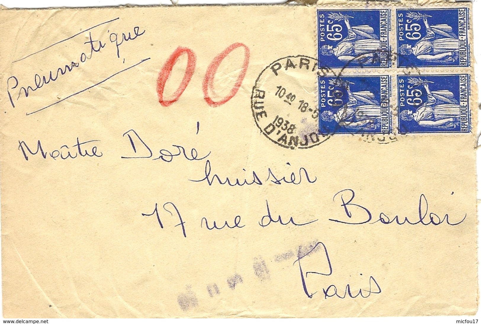 1938- Enveloppe PNEU  Affr. Bloc De 4 Paix 65 C   De PARIS- RUE D'ANJOU - 1921-1960: Période Moderne