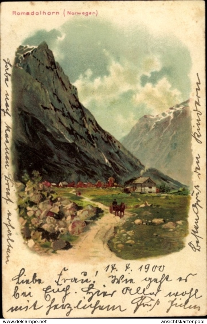 Lithographie Romedalhorn Norwegen, Teilansicht, Siedlung Im Tal - Norvège