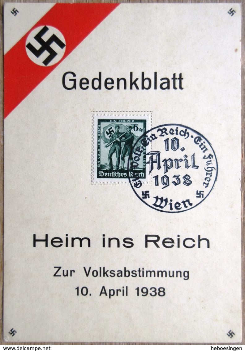 Gedenkblatt Heim Ins Reich Zur Volksabstimmung Am 10.April 1938 Mit Mi. Nr. 663 SST Wien - Briefe U. Dokumente