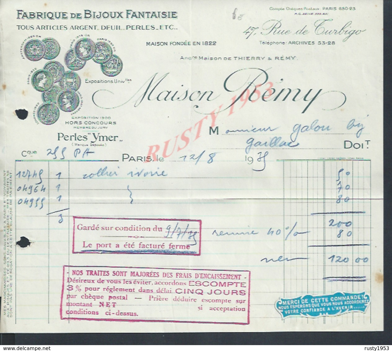 FACTURE ILLUSTRÉE MAISON RÉMY  FABRIQUE DE BIJOUX FANTAISIE A PARIS RUE DE TURBIGO : - 1900 – 1949