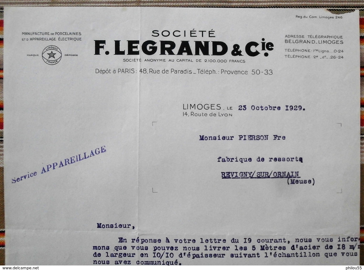 87 LIMOGES 75 PARIS 10e Manufacture De Porcelaines Et D'Appareillage Electrique F. LEGRAND 55 REVIGNY - 1900 – 1949