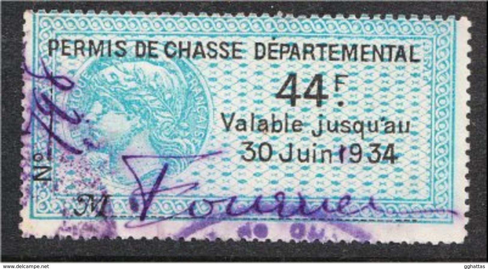 France Vieux Fiscaux (Old Revenues) -Permis De Chasse 1934 - Catalogue? - Autres & Non Classés