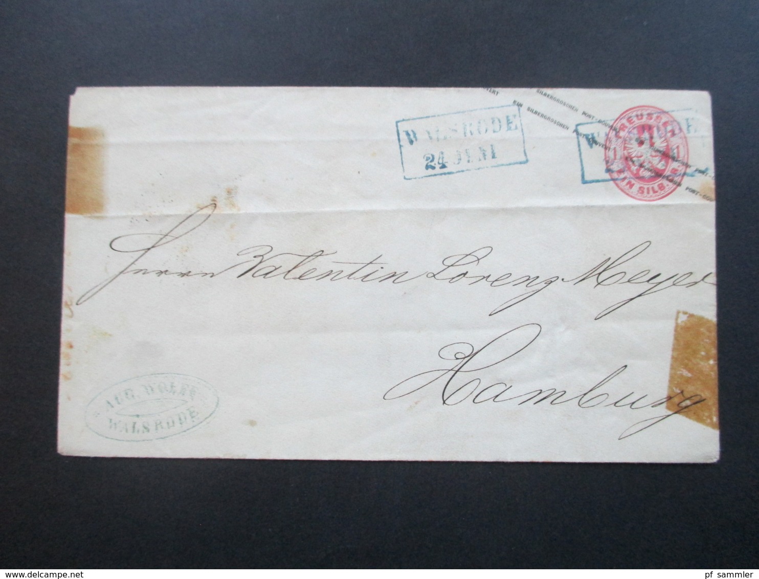 AD 1867 Preussen GA Umschlag 2 Blaue Stempel K2 Walsrode 24 Juni Nach Hamburg Mit AK Stempel Hamburg - Postwaardestukken