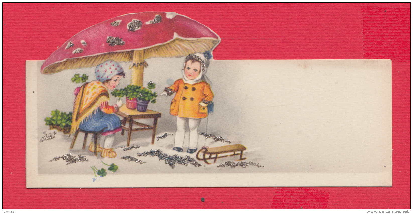 237909 / TWO GIRLS UMBRELLA BIG Mushroom Fruchtkorper Sporophore FLOWERS WINTER SLEDGE - Children