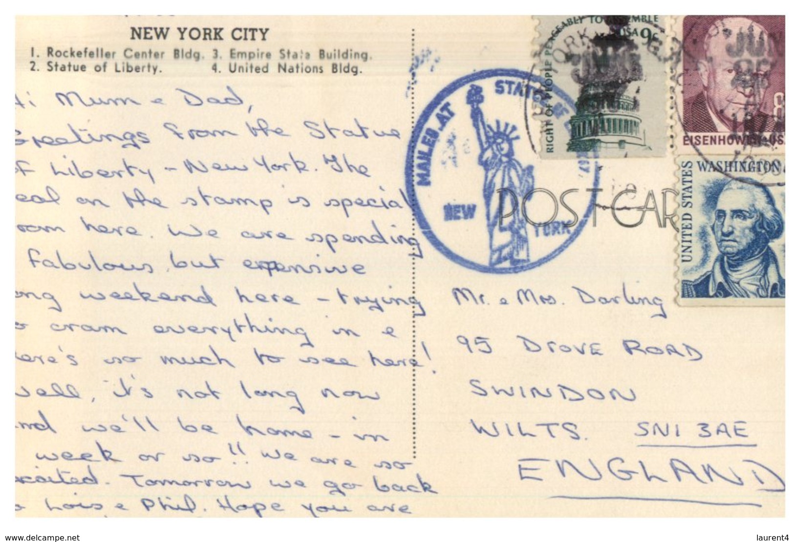 (852) Very Old Postcard - USA - New York City - With Special Statue Of Liberty Postmark - Estatua De La Libertad