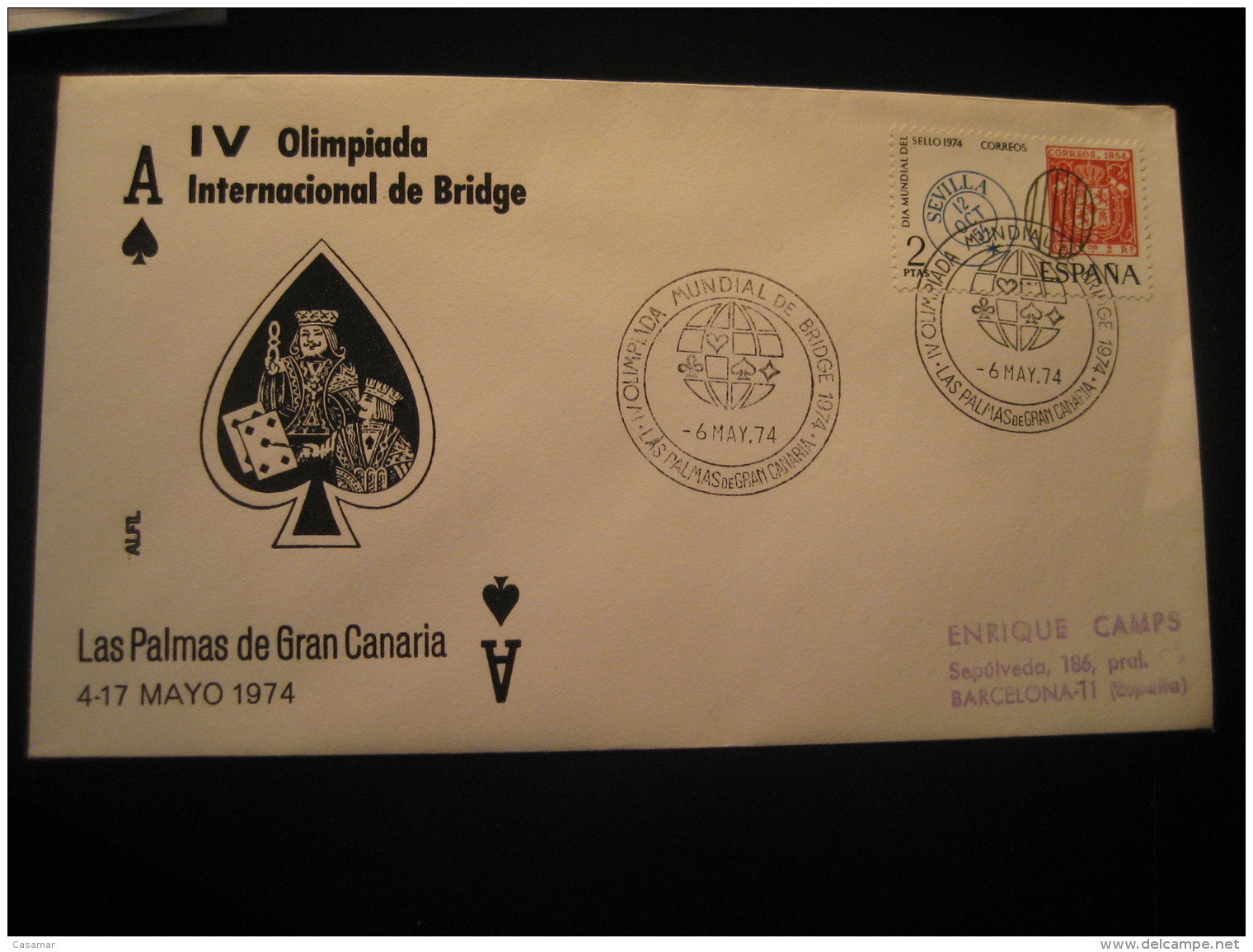 BRIDGE Olimpiada Olympics Playing Cards Jeu De Cartes LAS PALMAS Canarias 1974 Cancel Cover Game Games SPAIN - Sin Clasificación