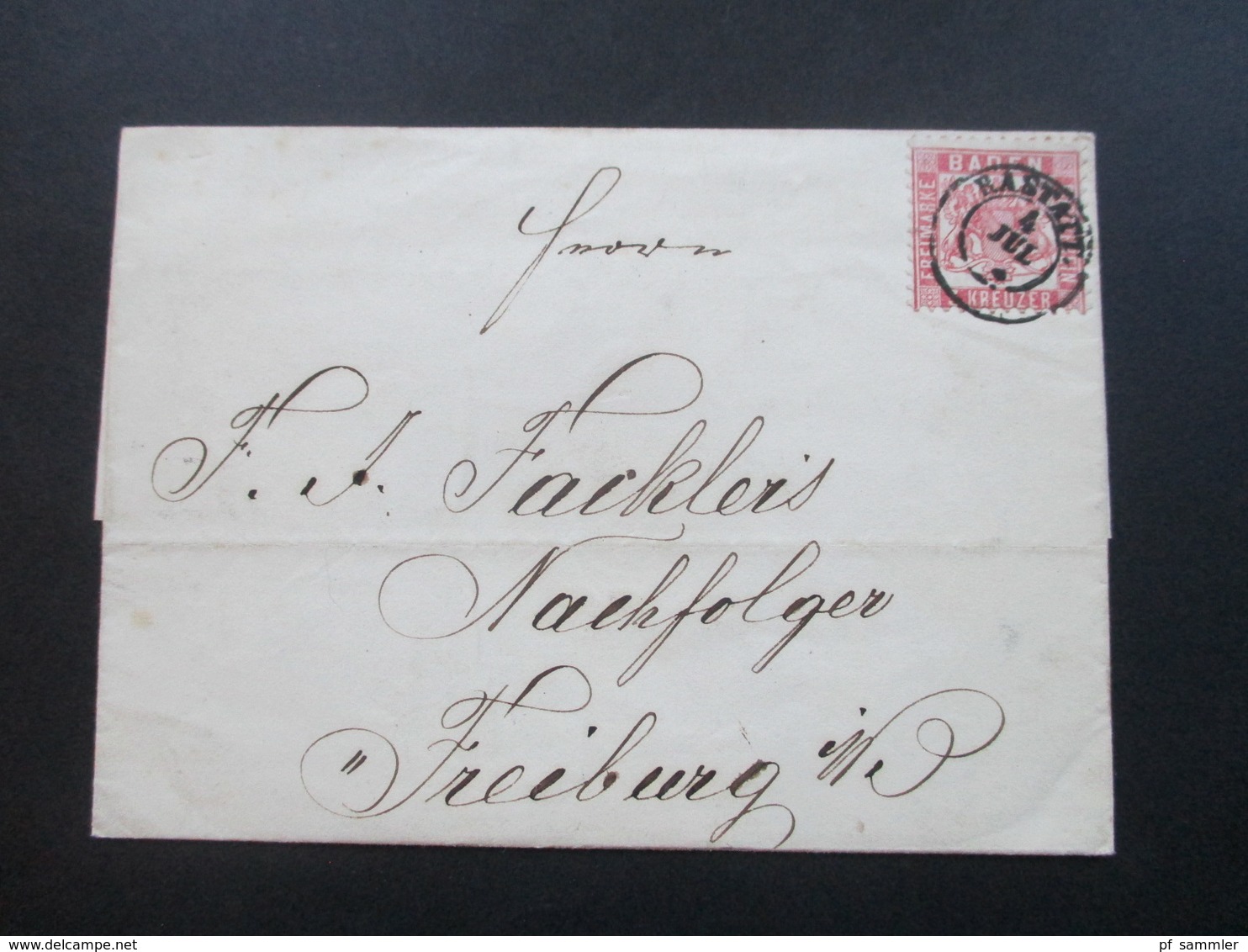 AD Baden 1866 Insgesamt 4 Stempel! Gr. Bad. Bahnpost Jul 66 Zug 7 Und Zug 22 Rastat Nach Freiburg - Storia Postale