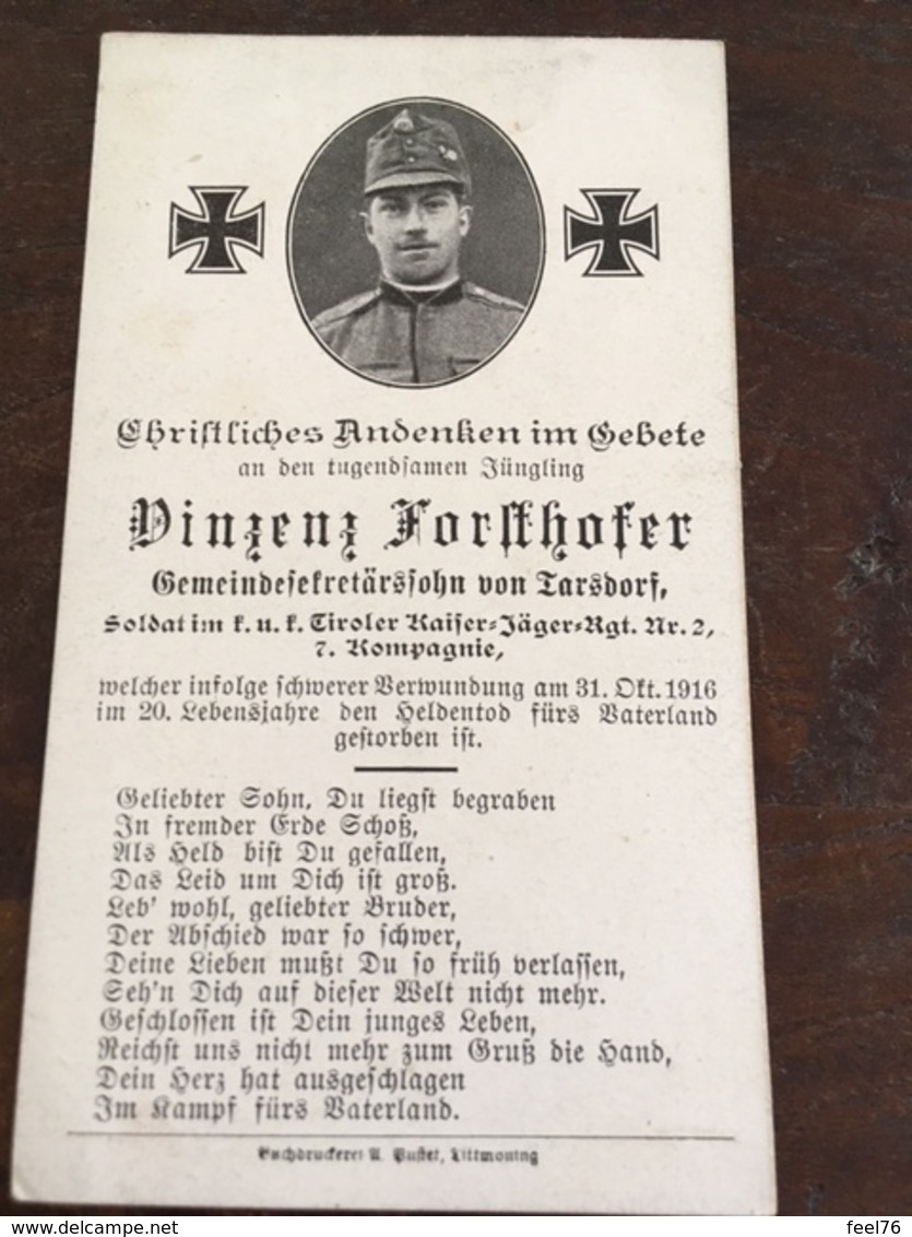 Sterbebild Wk1 Bidprentje Avis Décès Deathcard KUK Tiroler Kaiserjäger 2 31. Oktober 1916 Aus Tarsdorf - 1914-18